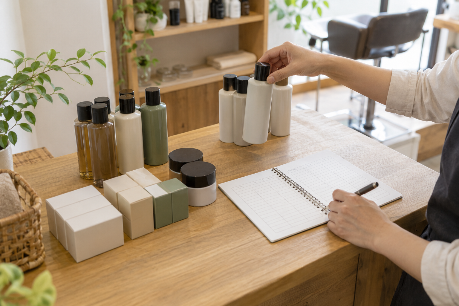 店販商品のボトルを数え、一覧表と照合する作業イメージ